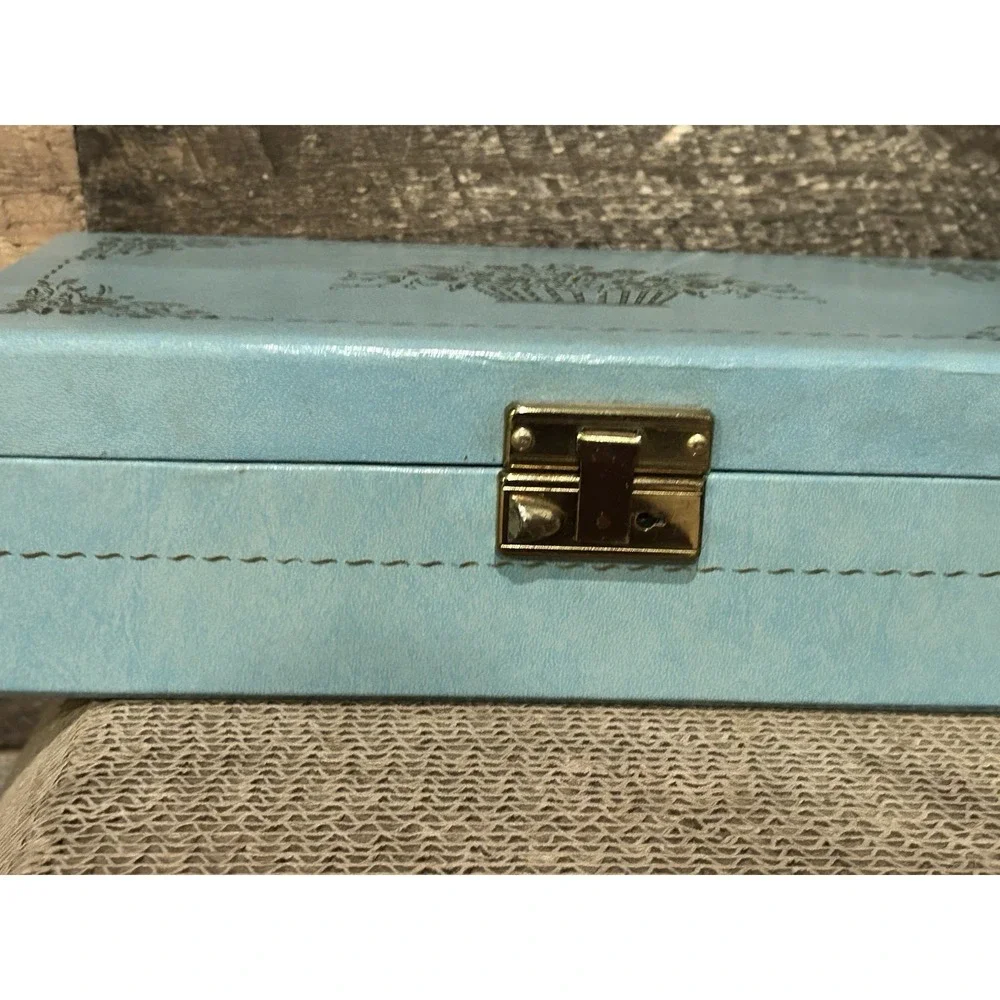 Vintage MCM Hinged 2 Tier Locking Jewelry Box Blue w/Blue Velvet Lining *No‎ Key
